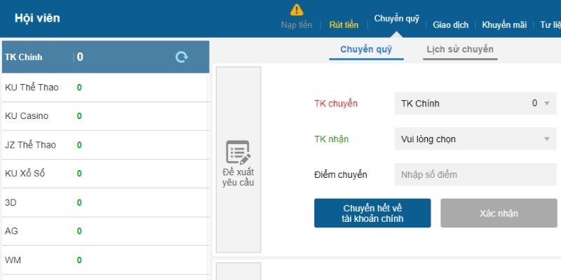 Giao diện chuyển quỹ game về quỹ chính