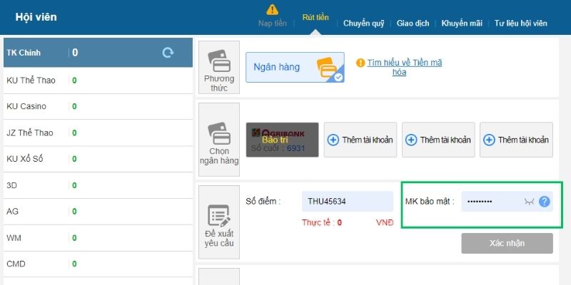 Rút tiền không thành công do MK bảo mật không khớp